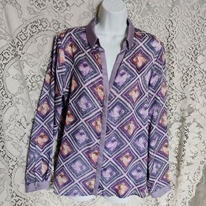 Women's XL MNG By Mango Button Front V neck Blouse Retro Plaid